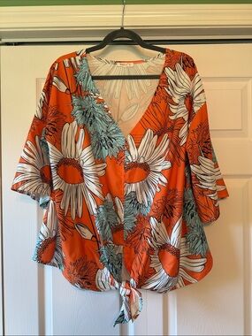 Oversized Tie-Front V-Neck Floral Blouse - Orange